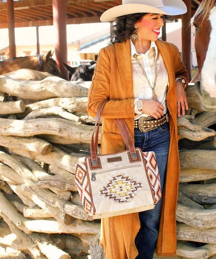 Montana West Embroidered Aztec Jean Denim Handbag Set-Country Glam Outfits