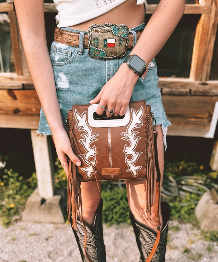 Wrangler Top Handle Embroidered Fringe Tote Bag