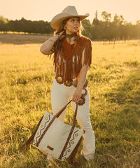 Wrangler Aztec Embroidered Fringe Wide Tote-Country Glam Outfits
