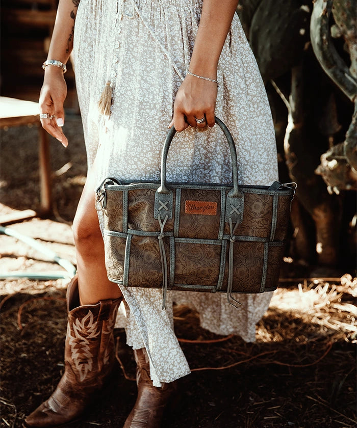 Wrangler Woven Tooled Grid Panel Tote Bag