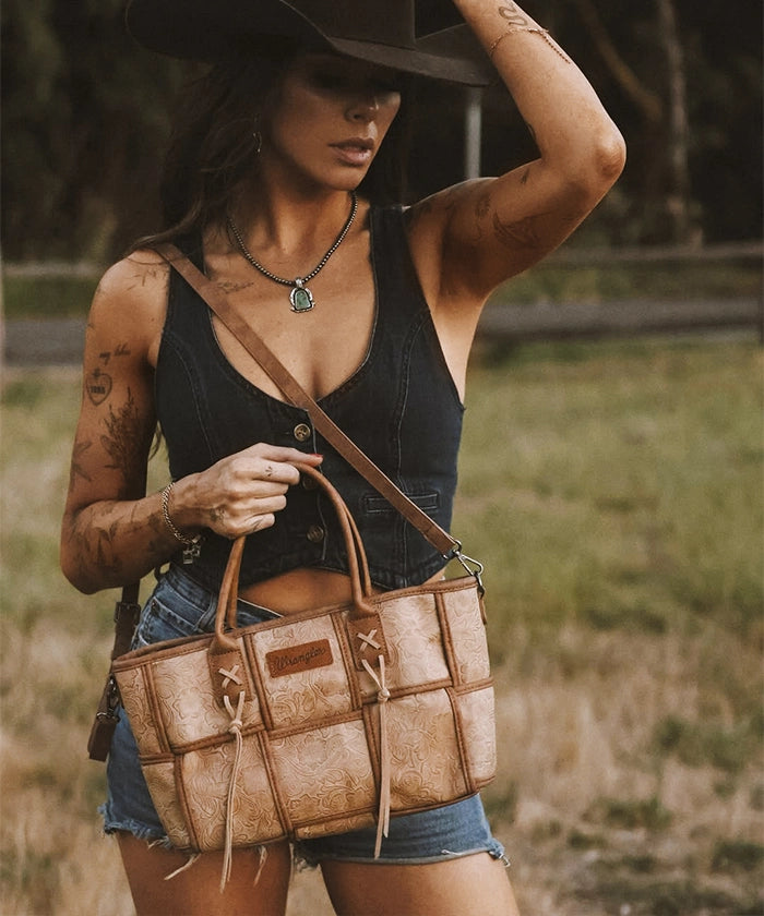 Wrangler Woven Tooled Grid Panel Tote Bag-Country Glam Outfits