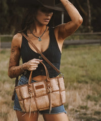Wrangler Woven Tooled Grid Panel Tote Bag-Country Glam Outfits