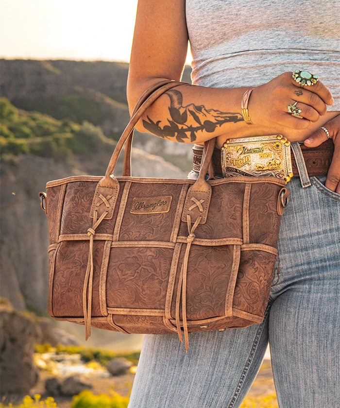 Wrangler Woven Tooled Grid Panel Tote Bag