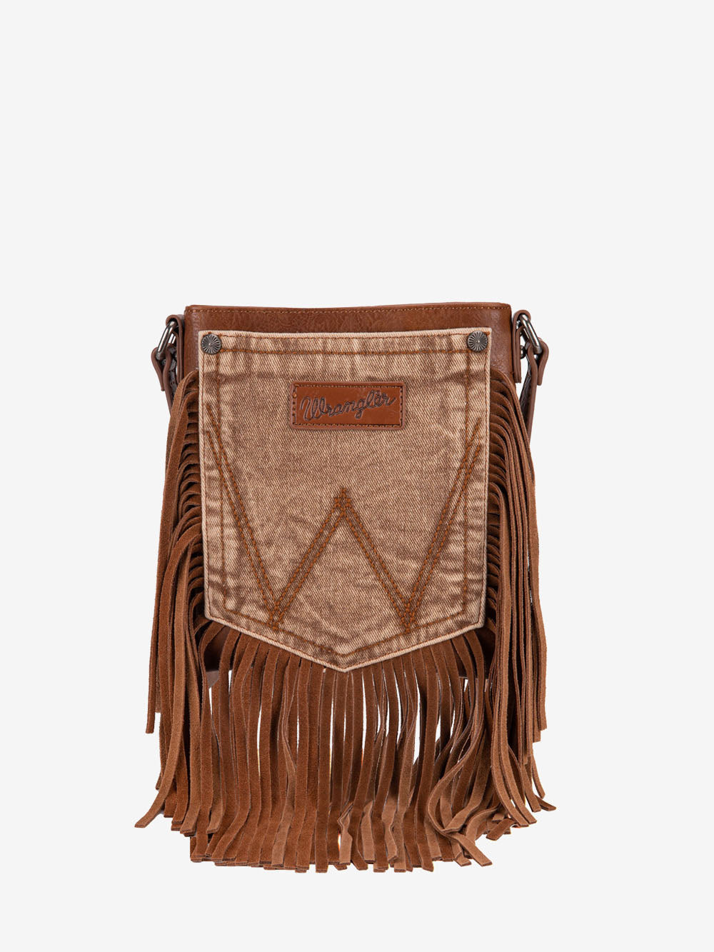 Wrangler Light Brown Leather Fringe Jean Denim Pocket Crossbody - Montana West World