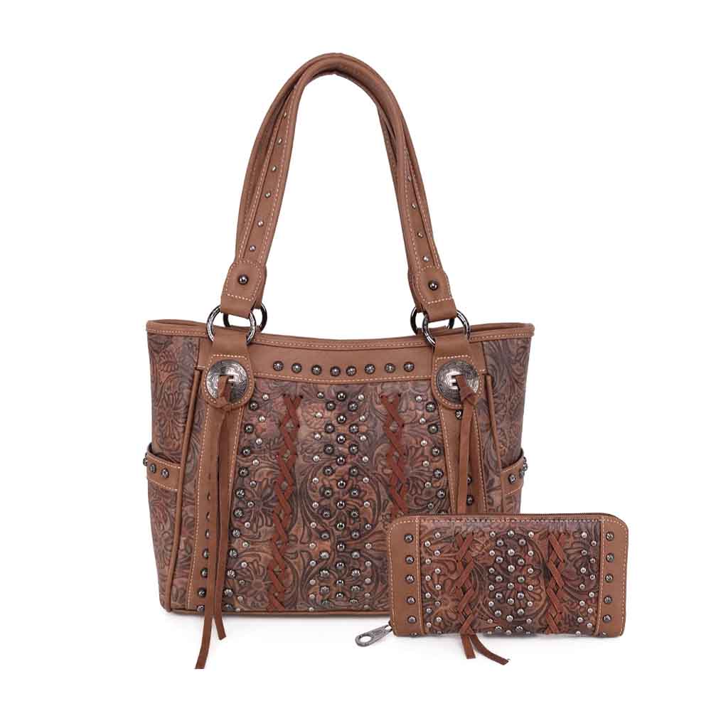 American West Leather Tooled Studded Convertible Tote Bag | eBay