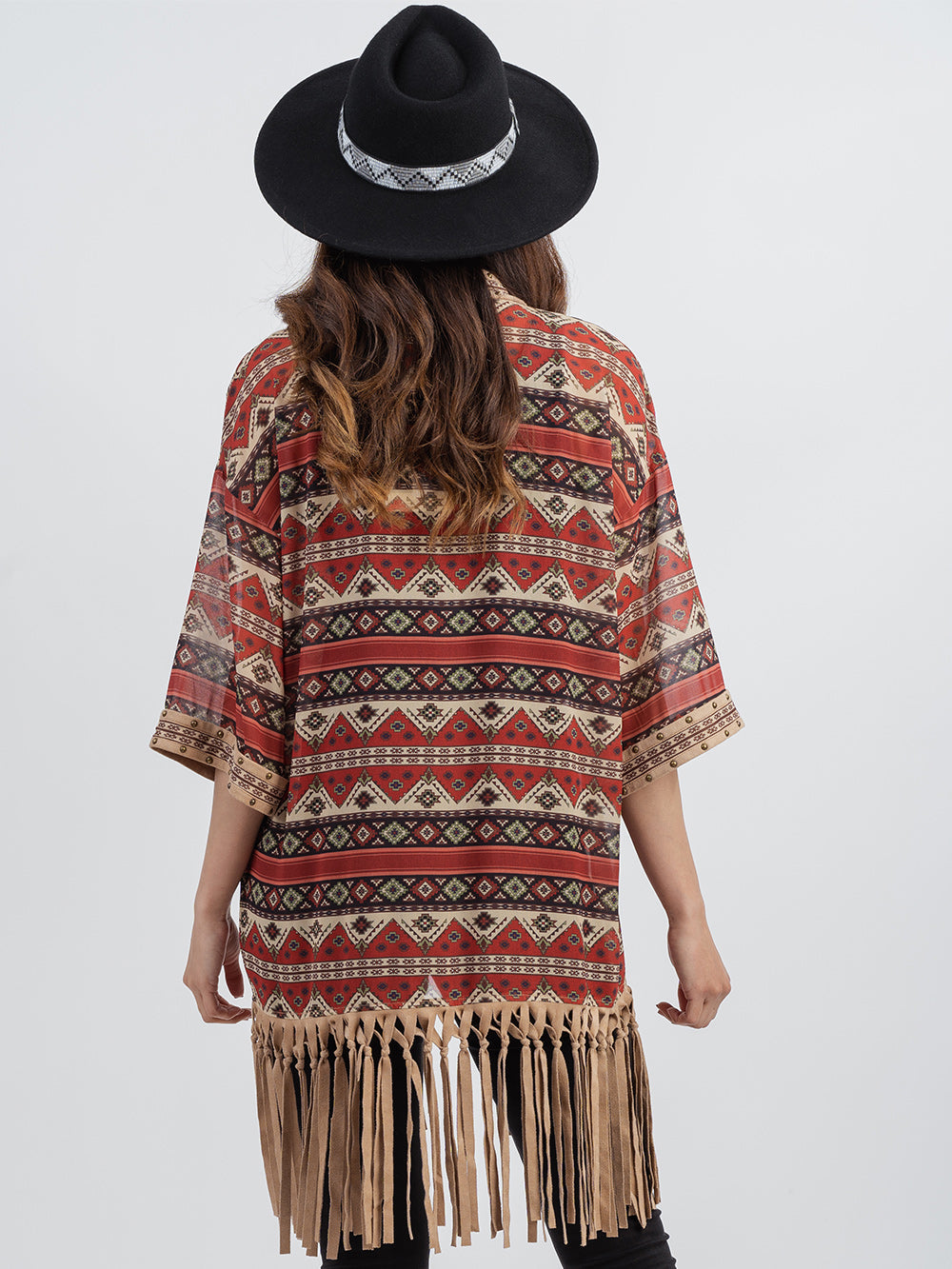 Delila Aztec Graphic Studded Half Sleeve Fringe Kimono - Montana West World