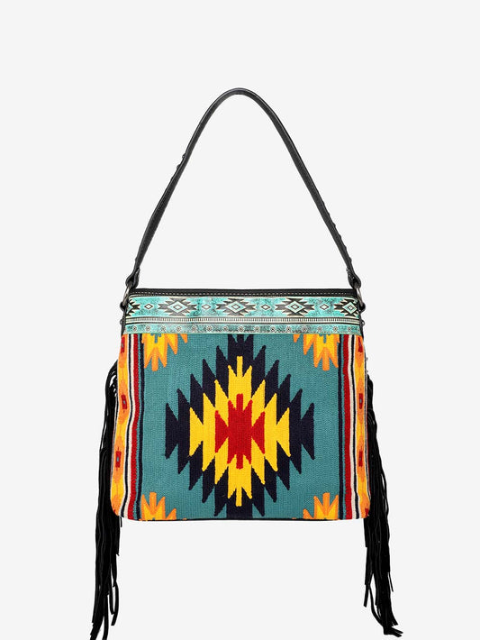 Montana West Aztec Tapestry Leather Fringe Carry Hobo - Montana West World