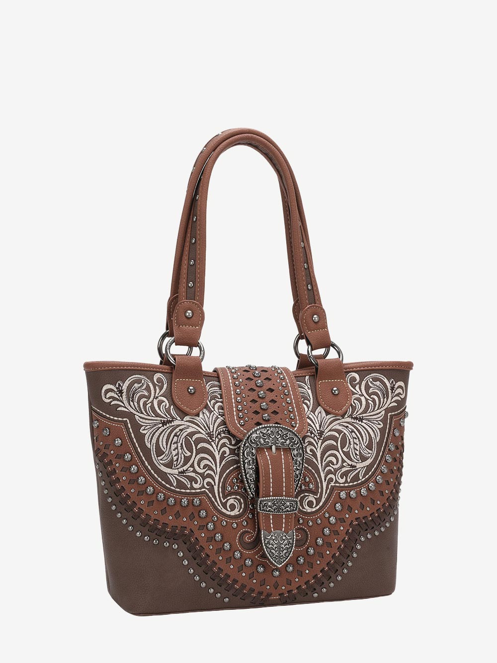 Montana West Vintage Floral Embroidered Buckle Studs Tote - Montana West World