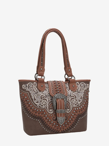 Montana West Vintage Floral Embroidered Buckle Studs Tote - Montana West World