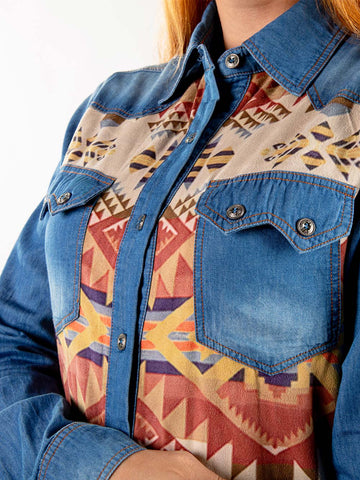 Montana West Aztec Pocket Long Sleeve Chambray Shirt - Montana West World