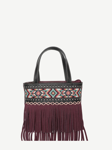 Montana West Embroidered Aztec Fringe Crossbody Mini Tote - Montana West World