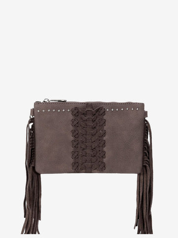 Trinity Ranch Leather Fringe Basketweave Crossbody Clutch - Montana West World