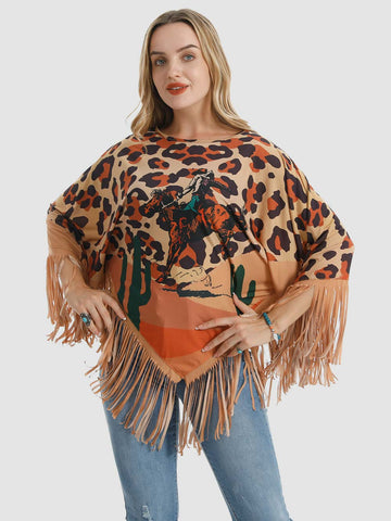 Montana West Leopard Rodeo Graphic Fringe Poncho - Montana West World