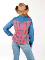 Montana West Patchwork Plaid Embroidered Long Sleeve Chambray Shirt - Montana West World