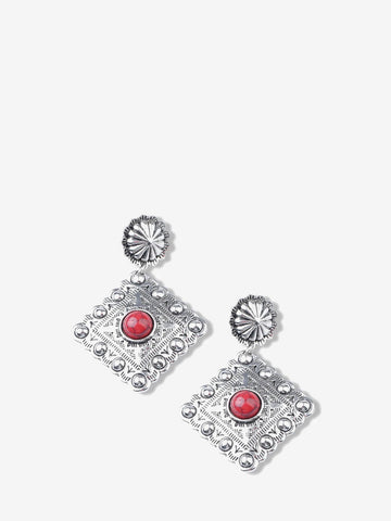 Montana West Red Stone Silver Rhombus Earrings - Montana West World