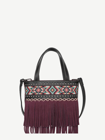 Montana West Embroidered Aztec Fringe Crossbody Mini Tote - Montana West World