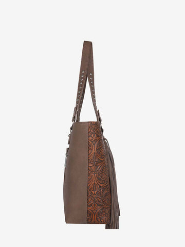 Trinity Ranch Leather Fringe Floral Embossed Concealed Carry Tote - Montana West World