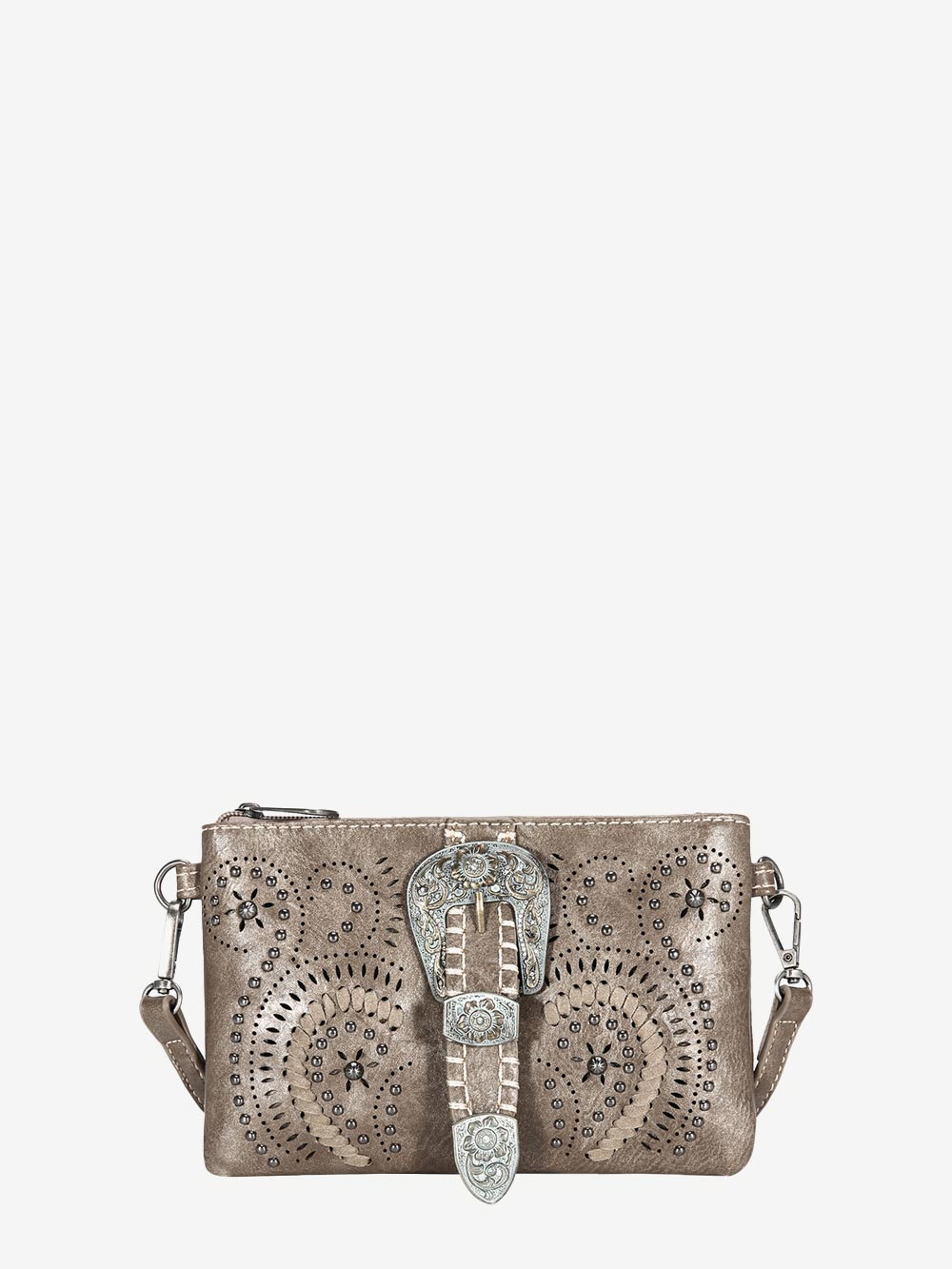 Montana West Antique Silver Floral Buckle Whipstitch Crossbody Clutch - Montana West World