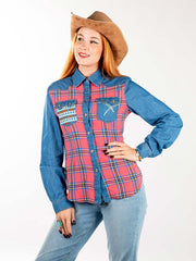 Montana West Patchwork Plaid Embroidered Long Sleeve Chambray Shirt - Montana West World
