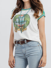 Women's Mineral Wash Contrast Stitched Cactus  Print Short Sleeve Tee - Montana West World