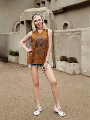 Delila Women Washed Retro Bull Fringe Tank - Montana West World