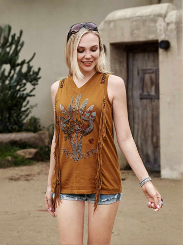 Delila Women Washed Retro Bull Fringe Tank - Montana West World