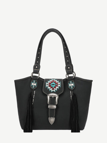 Montana West Embroidered Aztec Leather Fringe Buckle Tote - Montana West World