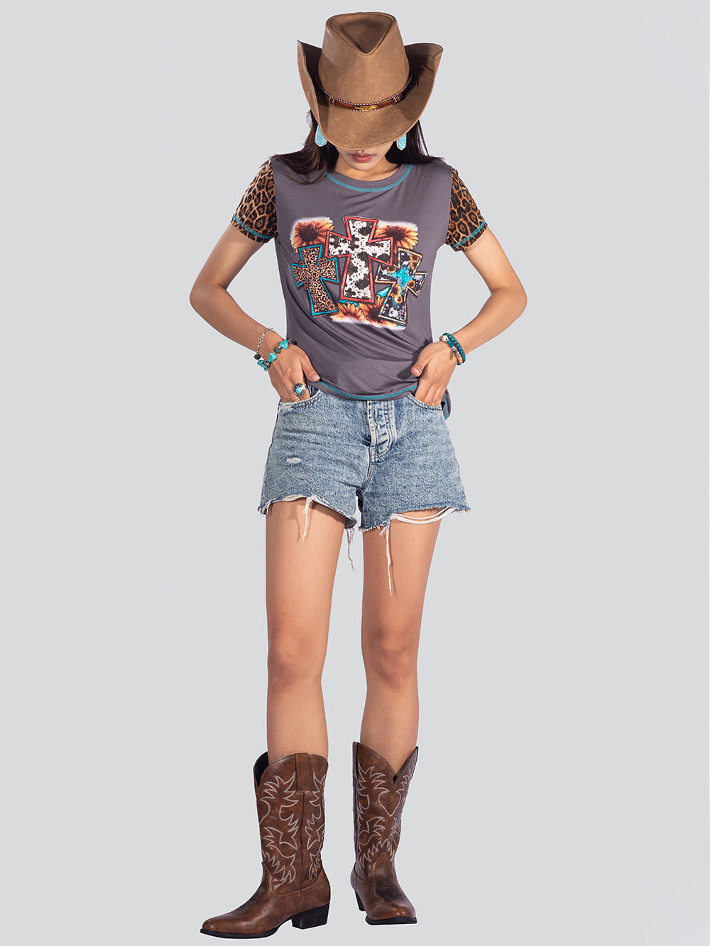American Bling Women Cross Leopard Print Short Sleeve Shirt - Montana West World