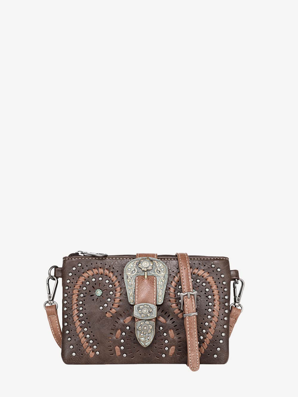 Montana West Buckle Whipstitch Studded Crossbody Clutch - Montana West World
