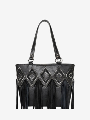 Trinity Ranch Studded Genuine Leather Fringe Tote Bag - Montana West World