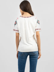 Delila Women Washed Embroidered Aztec Tie-String Tassel Tee - Montana West World