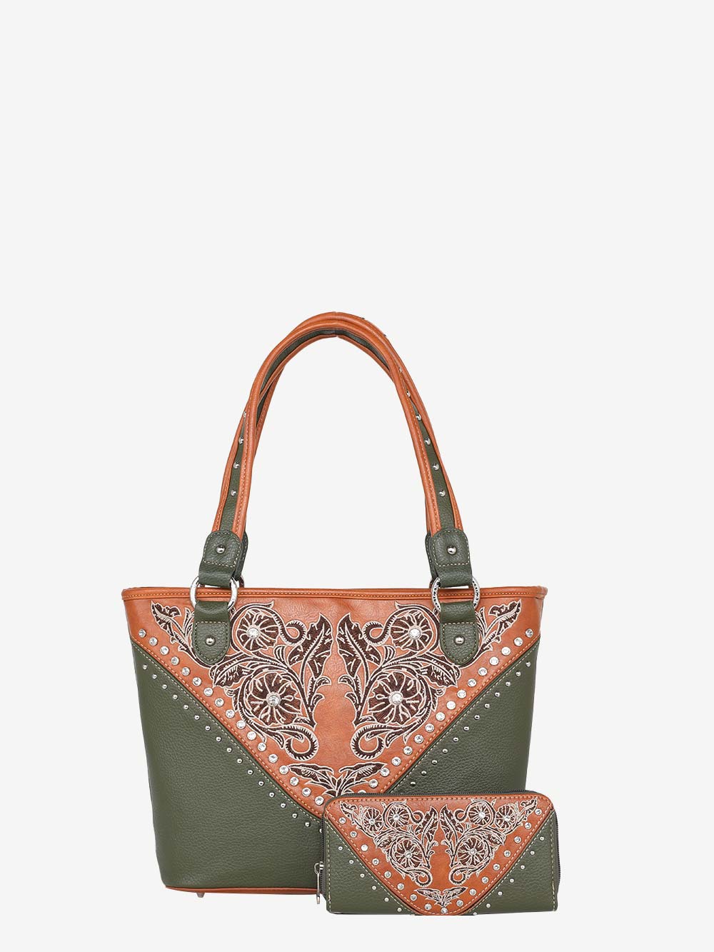 American Bling Green Embroidered Floral Tote and Wallet Set - Montana West World