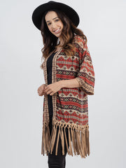 Delila Aztec Graphic Studded Half Sleeve Fringe Kimono - Montana West World