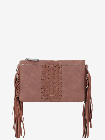 Trinity Ranch Leather Fringe Basketweave Crossbody Clutch - Montana West World