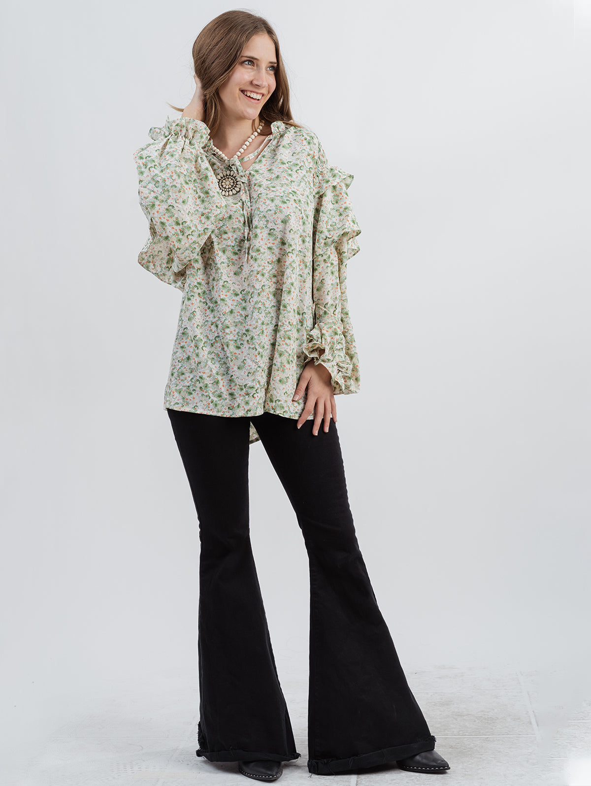 American Bling Plus Size Women Floral Print Tie Shirred Blouse - Montana West World