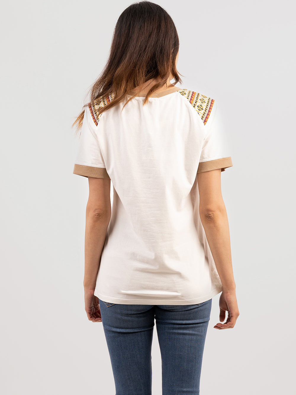 Women Mineral Wash Floral Embroidered Patchwork T-Shirt - Montana West World