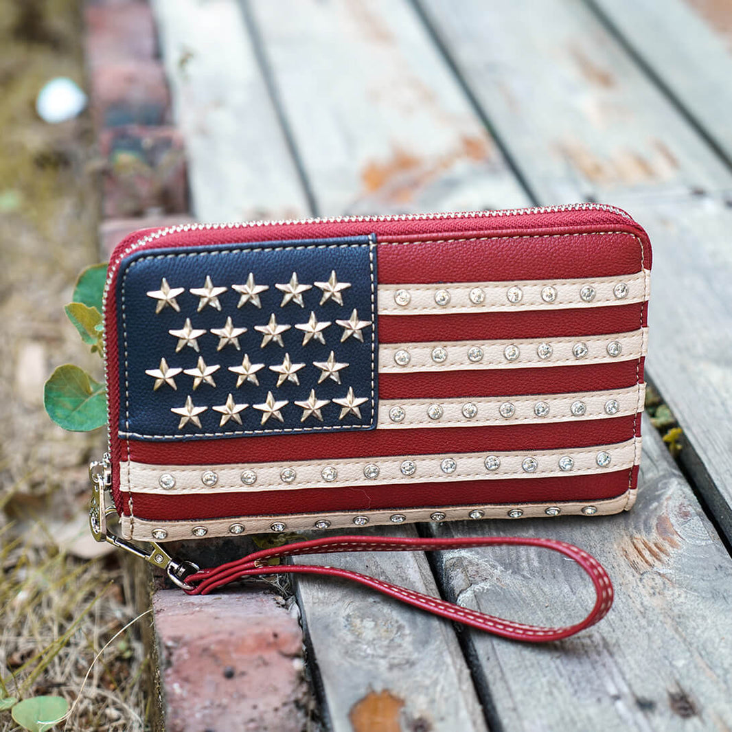 USA American Flag Patriot Silver Stars Stripes Red White Blue hot Rhinestone Concealed Carry Purse Handbag Women Shoulder Bag Wallet Set Red