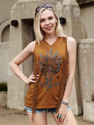 Delila Women Washed Retro Bull Fringe Tank - Montana West World