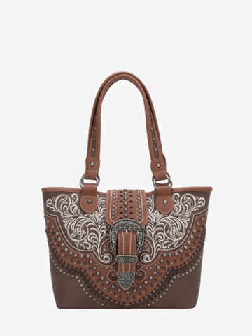 Montana West Vintage Floral Embroidered Buckle Studs Tote - Montana West World