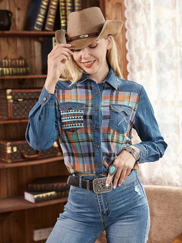 Montana West Patchwork Plaid Embroidered Long Sleeve Chambray Shirt - Montana West World