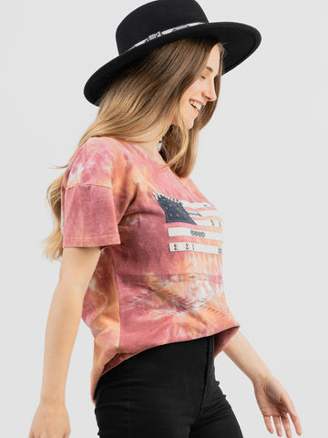 Delila Women's Tie-Dye Hand Stitched Studded Flag Tee - Montana West World