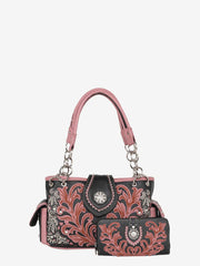 American Bling Black Embroidered Floral Satchel and Wallet Set - Montana West World