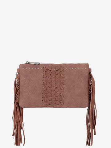 Trinity Ranch Leather Fringe Basketweave Crossbody Clutch - Montana West World