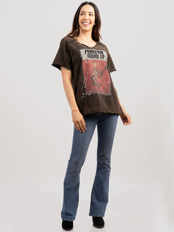 Delila Women Ink Splashed Rodeo Print Tee With Studs - Montana West World