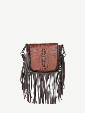 Montana West Genuine Leather Embossed Fringe Crossbody - Montana West World