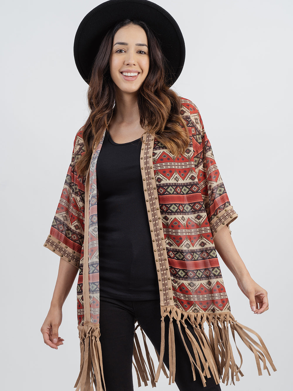 Delila Aztec Graphic Studded Half Sleeve Fringe Kimono - Montana West World