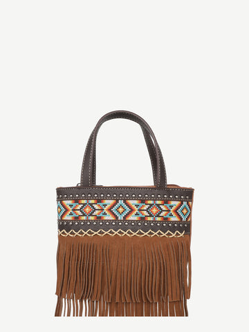 Montana West Embroidered Aztec Fringe Crossbody Mini Tote - Montana West World