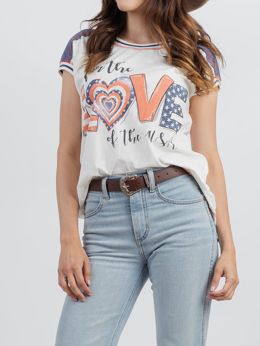 Women's Mineral Wash Contrast Stitched “Love” Patriot Short Sleeve Tee - Montana West World
