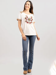Women Mineral Wash Floral Embroidered Patchwork T-Shirt - Montana West World