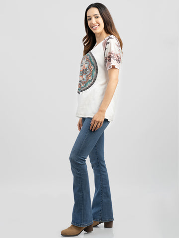 Delila Women's Washed Aztec Print Tee With Rhinestones & Studds - Montana West World